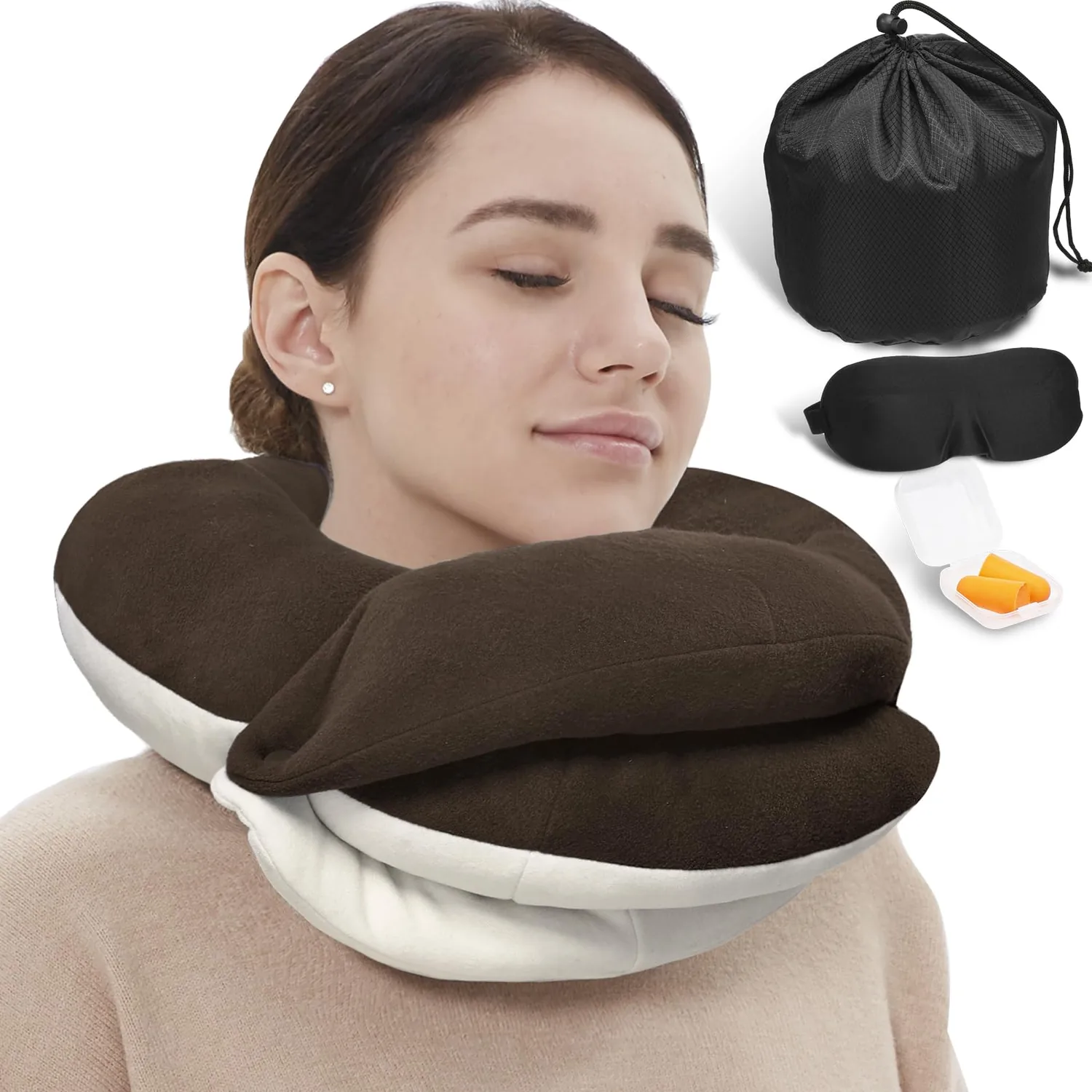Travel Neck Pillows for Airplanes, Memory Foam 360° Head Support Sleep for Long Flight, Skin-Friendly & Breathable, Kit with Eye Mask, Earplugs and Storage Bag (Adult, Brown, 90+ lbs)