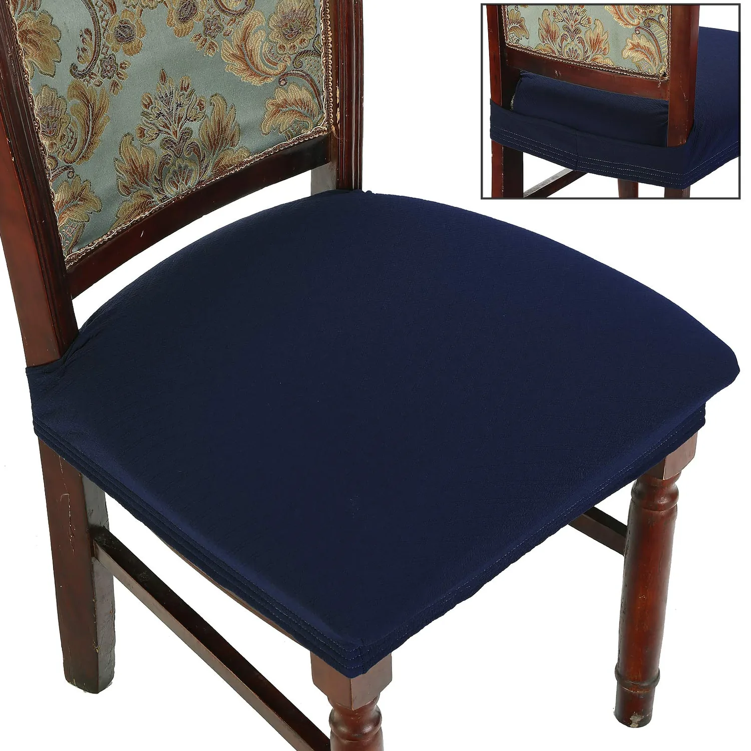 Dining Room Chair Covers Set of 4, Easy Installation Stretchy Jacquard Armless Kitchen Chair Seat Protectors, TPU not Mixed, Rear Covered- Navy Blue- 4