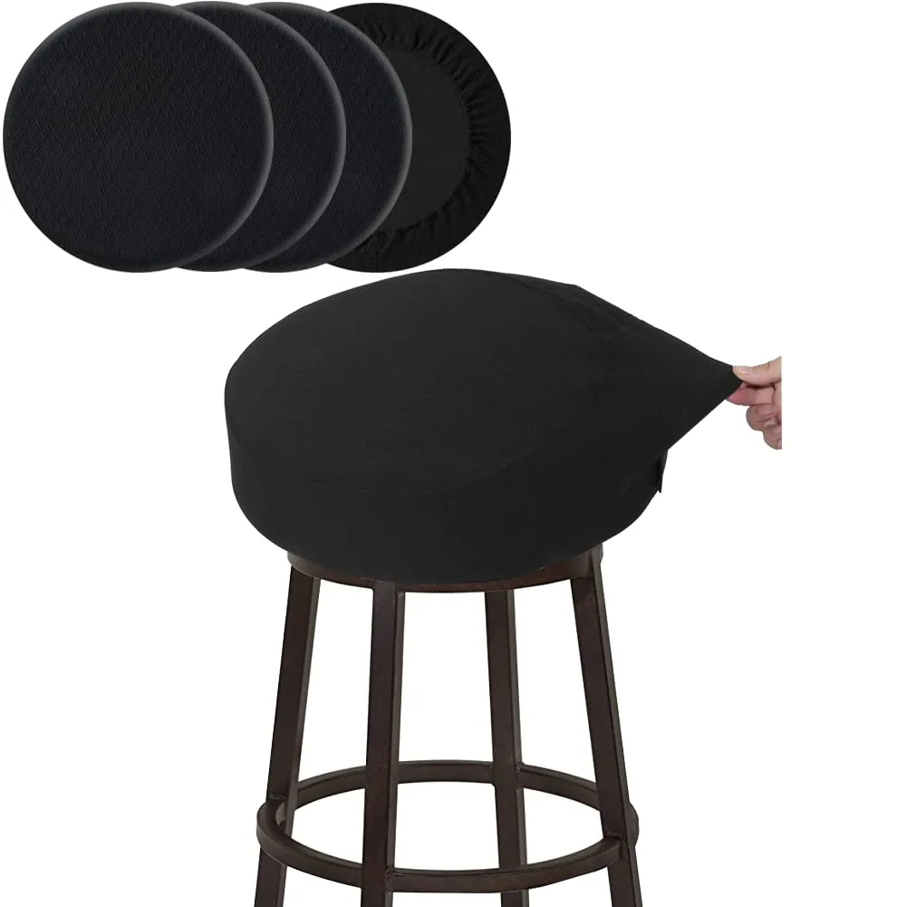 4 Pcs Bar Stool Covers, Luxury Fabric Dia.12-14" Round Stretchy Crease-Resistant Washable Jacquard Dustproof Stool Seat Slipcover, S-Black-Set of 4