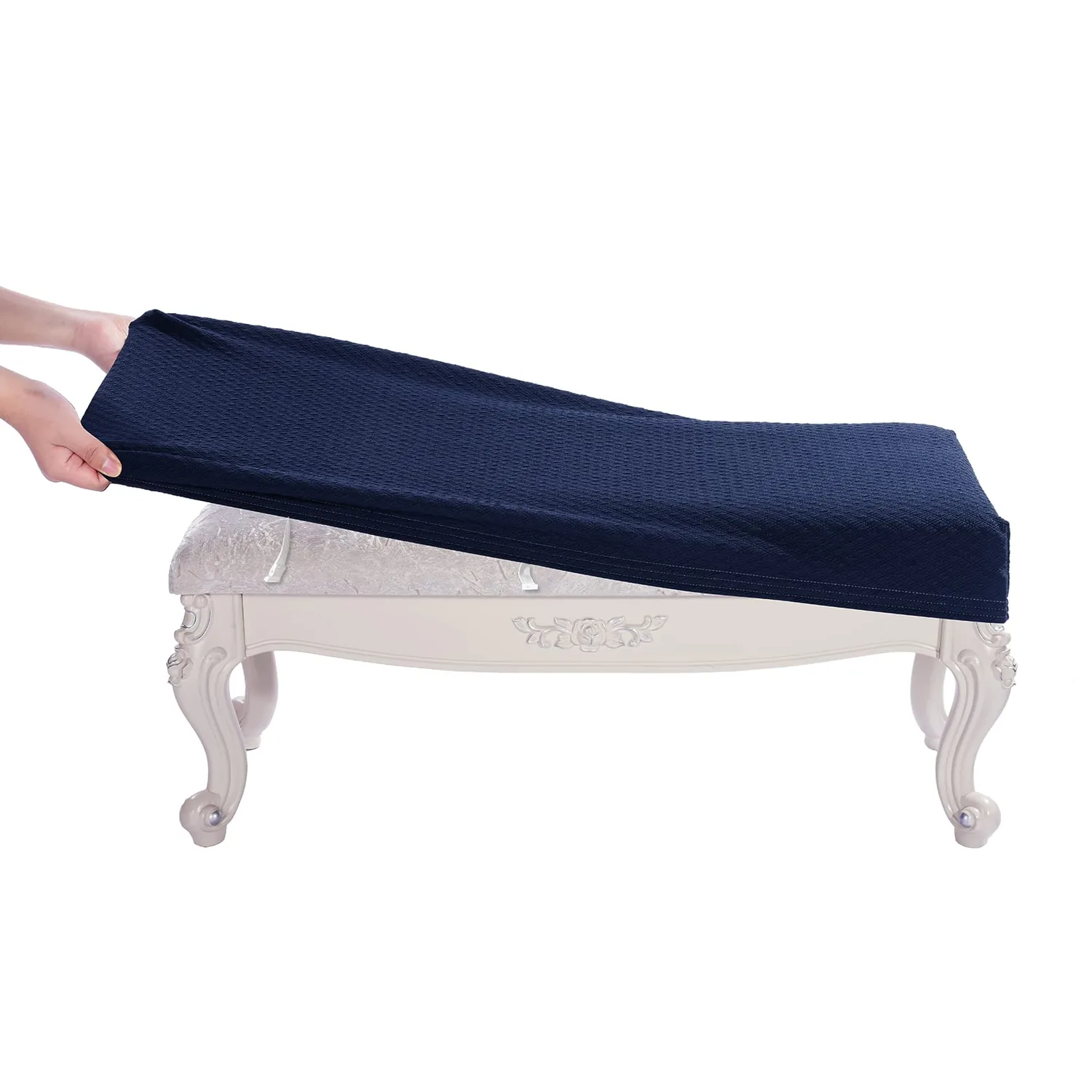 Luxury Shoe Bench Cover, (36.5"- 48") L x (13.8"- 18") W Stretch Jacquard Washable Rectangle Long Dining Bench Slipcover (L, Navy Blue)