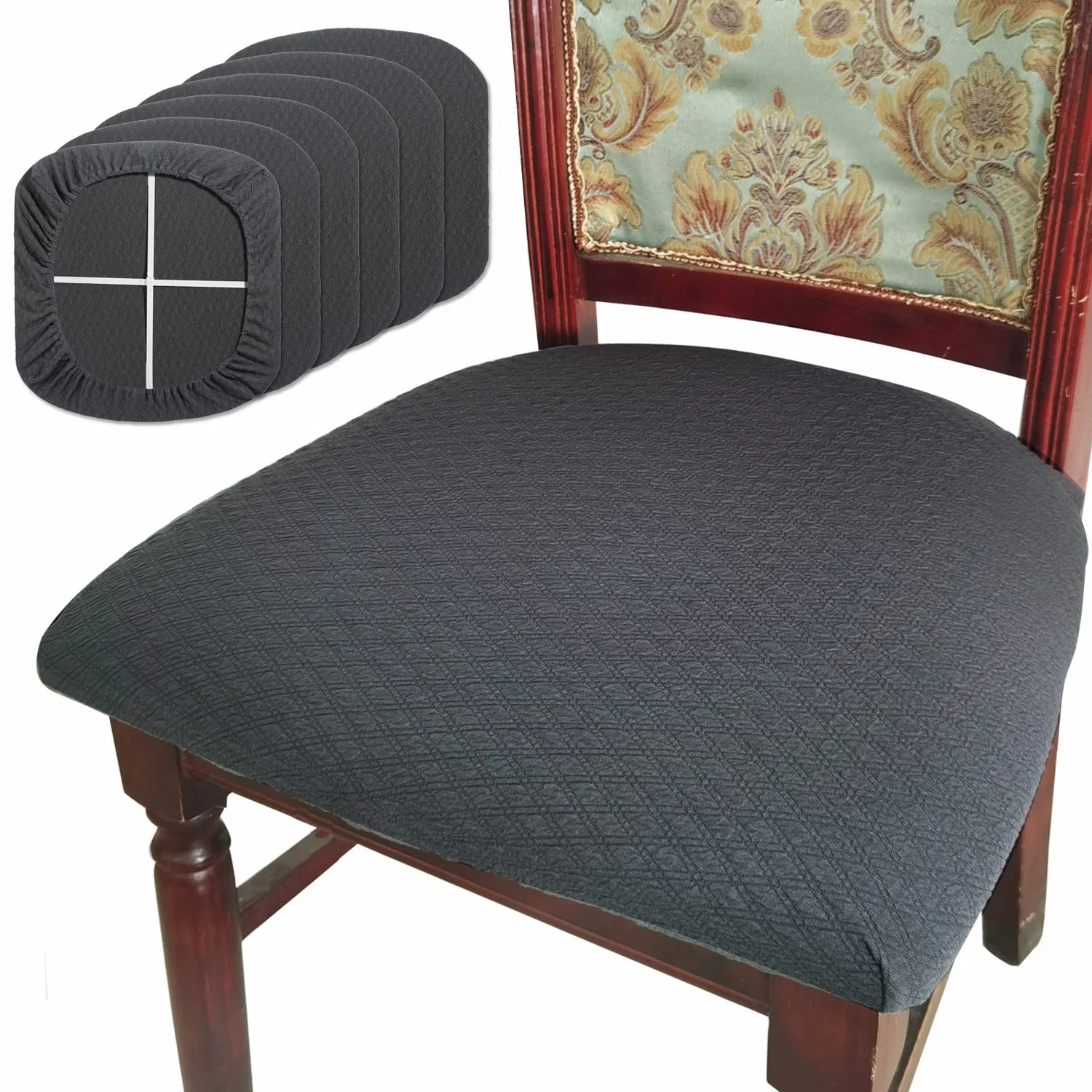 Dining Room Chair Seat Covers Set of 6, TPU not Mixed, Friendly Jacquard Fabric Stretch Washable Slipcover for Kitchen Seat Cushions, Grey-6PCS